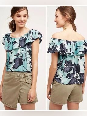 Anthropologie Maeve Islander Off The Shoulder Top Blue Floral Flounce Large